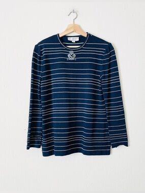 ST JOHN Collection LARGE knit striped 3/4 sleeve sweater in navy & white